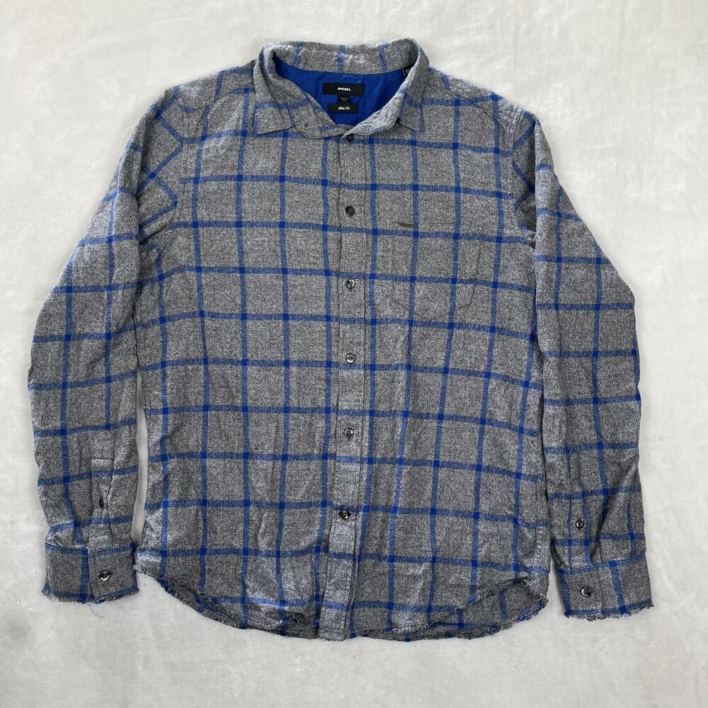 Diesel Long Sleeve Button Front Shirt Mens XL Gray Plaid Knit Slim Casual